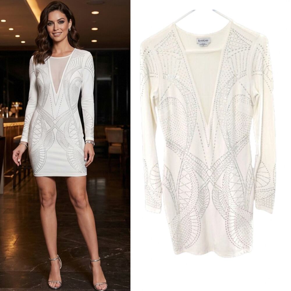 Bebe White Rhinestone Mesh Bodycon Mini Dress Size M Long Sleeve Party Club